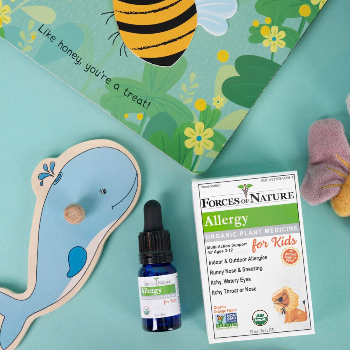 Forces of Nature Allergy for Kids 10ml bottle with children's toys in background.