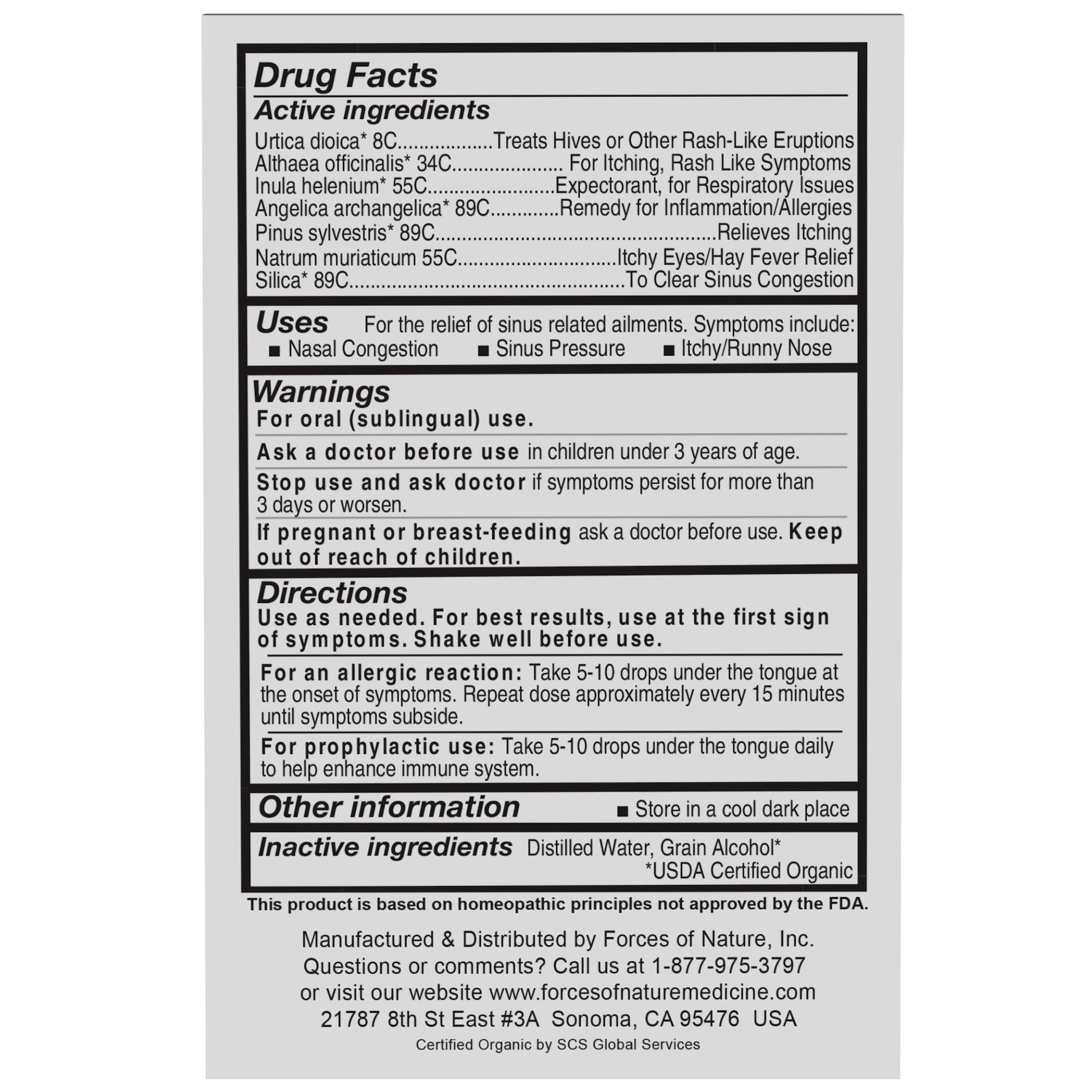 Forces of Nature Maximum Strength Allergy Relief 10ml Drug Facts label.
