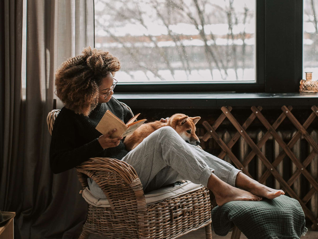 Woman reading a book with a dog on her lap by a large window in a wicker chair