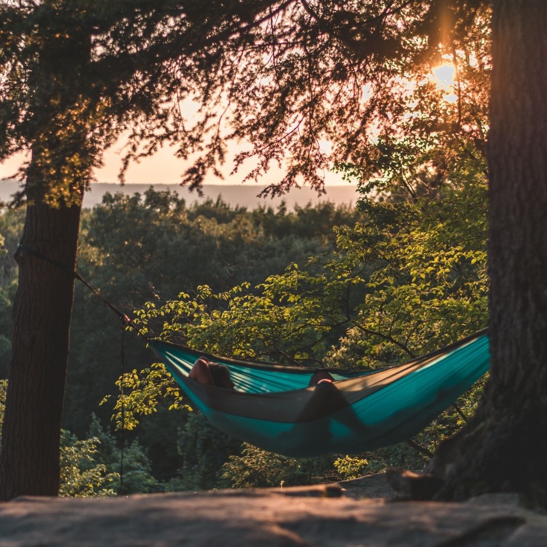 Person relaxing in a teal hammock between trees at sunset overlooking a forest