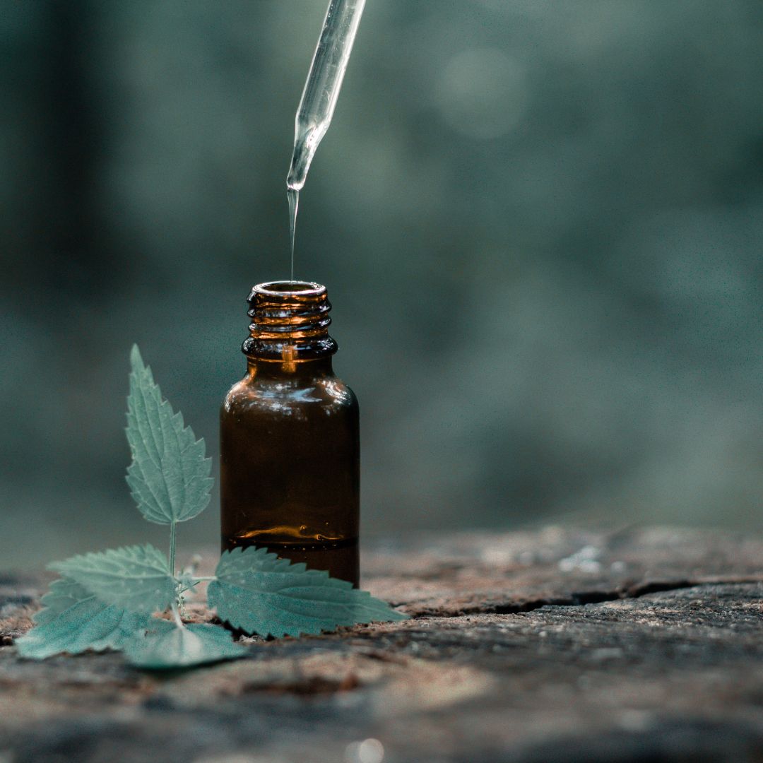 Pipette dropping oil into an amber essential oil bottle on a wooden surface with green leaves and blurred background