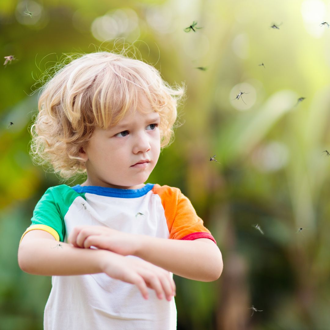 Young blond child holding arms up while surrounded by mosquitoes in a sunlit backyard