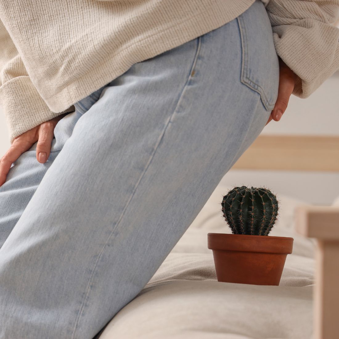 Person lowering onto a bed with hand on hip beside a small potted cactus, visual metaphor for anal pain or discomfort