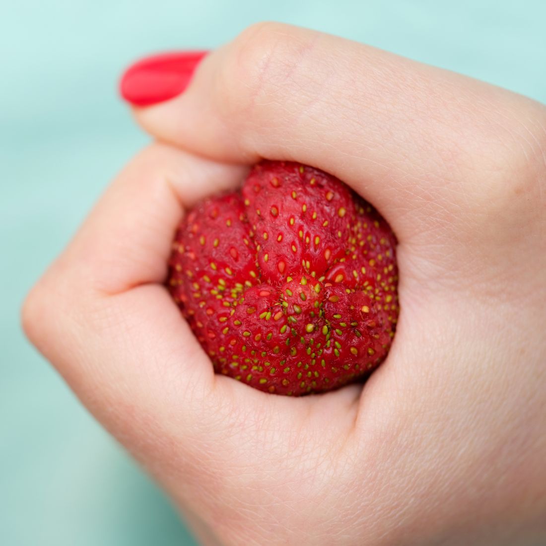 Close-up of a hand squeezing a ripe strawberry against a pale teal background