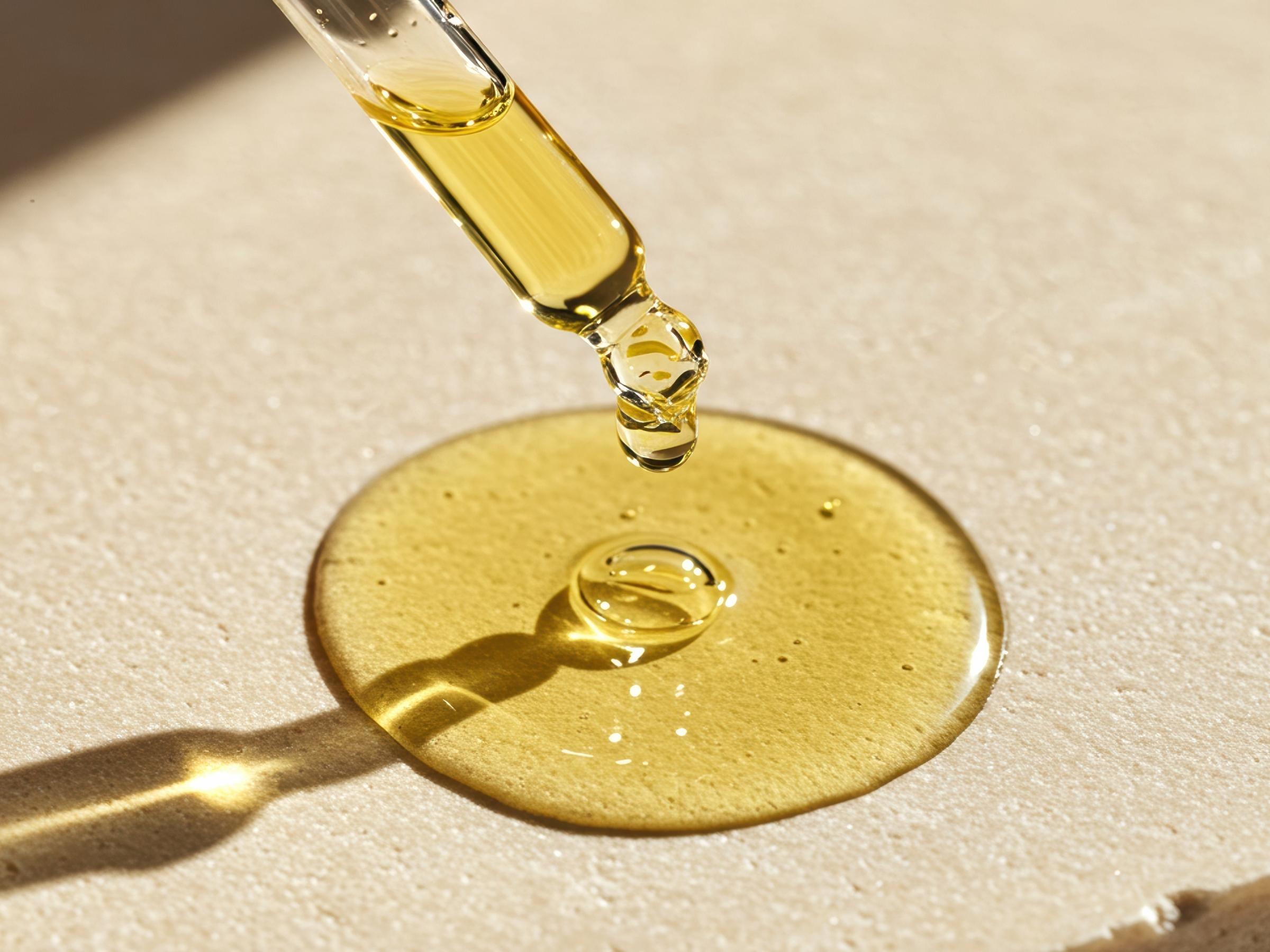 Glass dropper releasing a golden oil drop over a textured beige surface