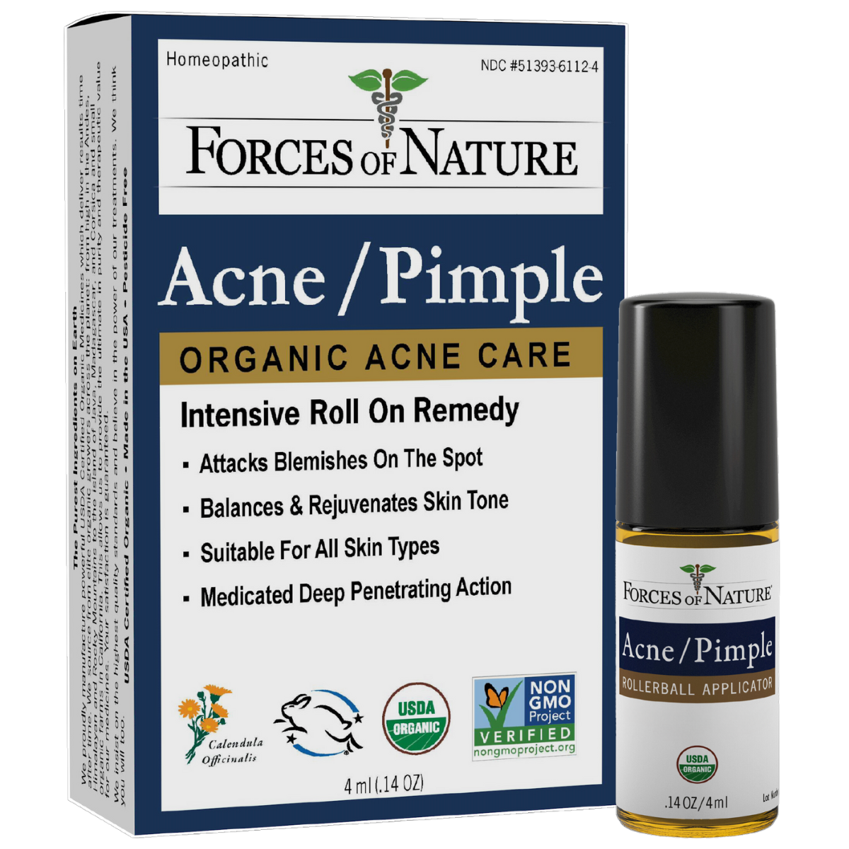 Forces of Nature Acne Pimple Organic Roll On Remedy 4ml bottle with packaging box.