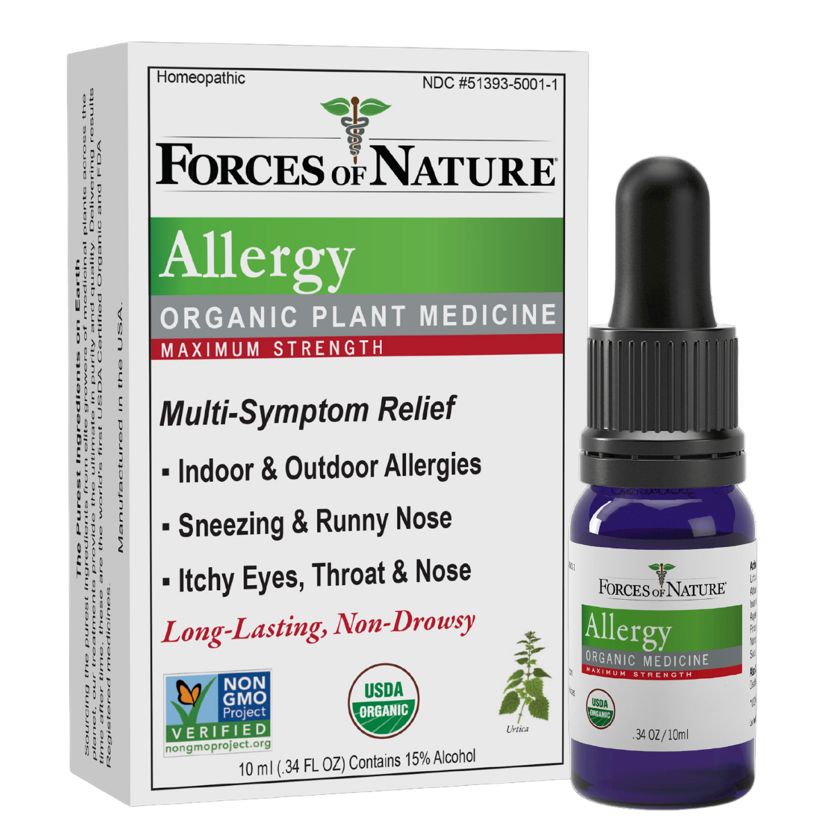 Forces of Nature Allergy Max Strength 10ml bottle with box - front view.