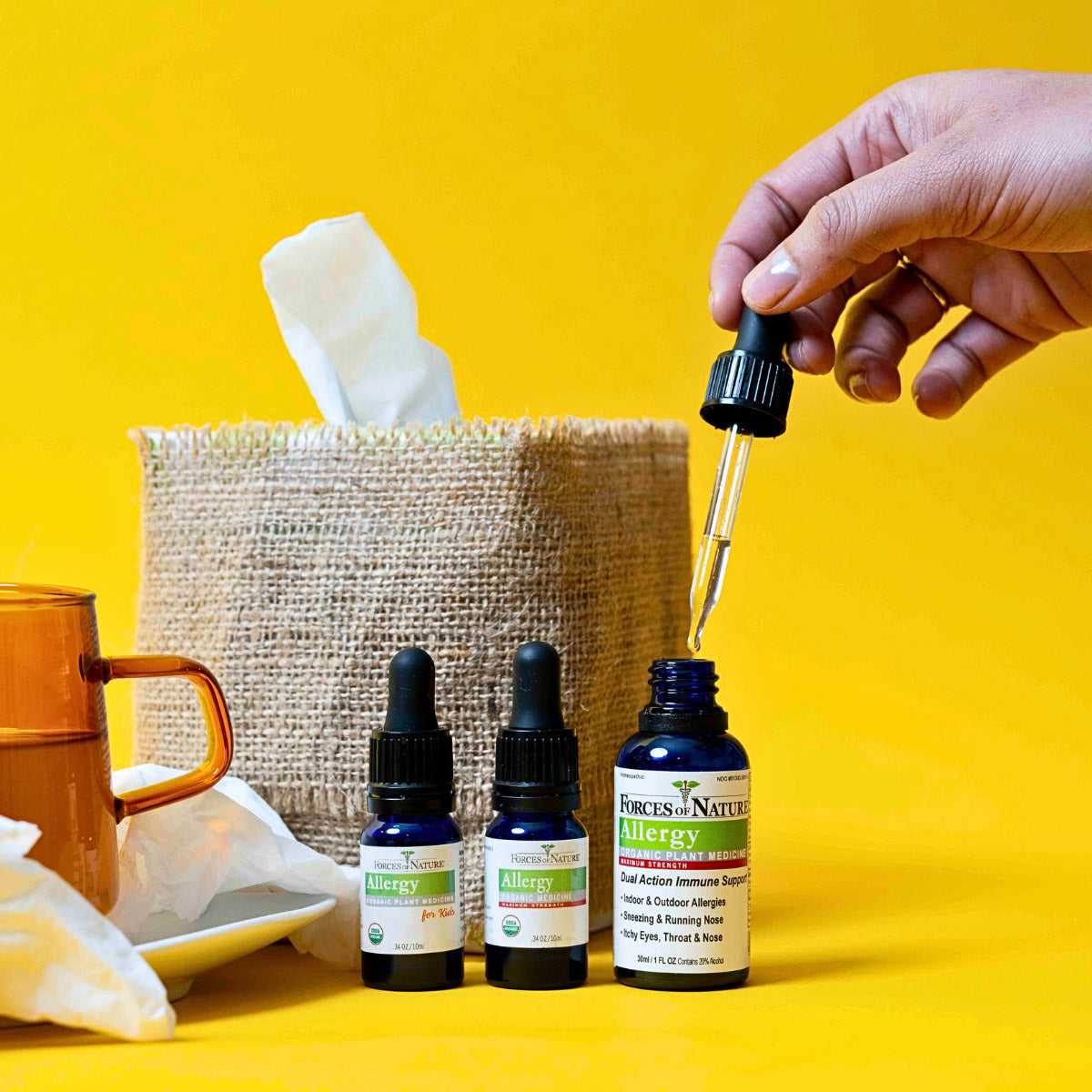 Forces of Nature Allergy Max Strength product lineup - front view of adult and kids 10ml bottles, adult 30ml bottle.