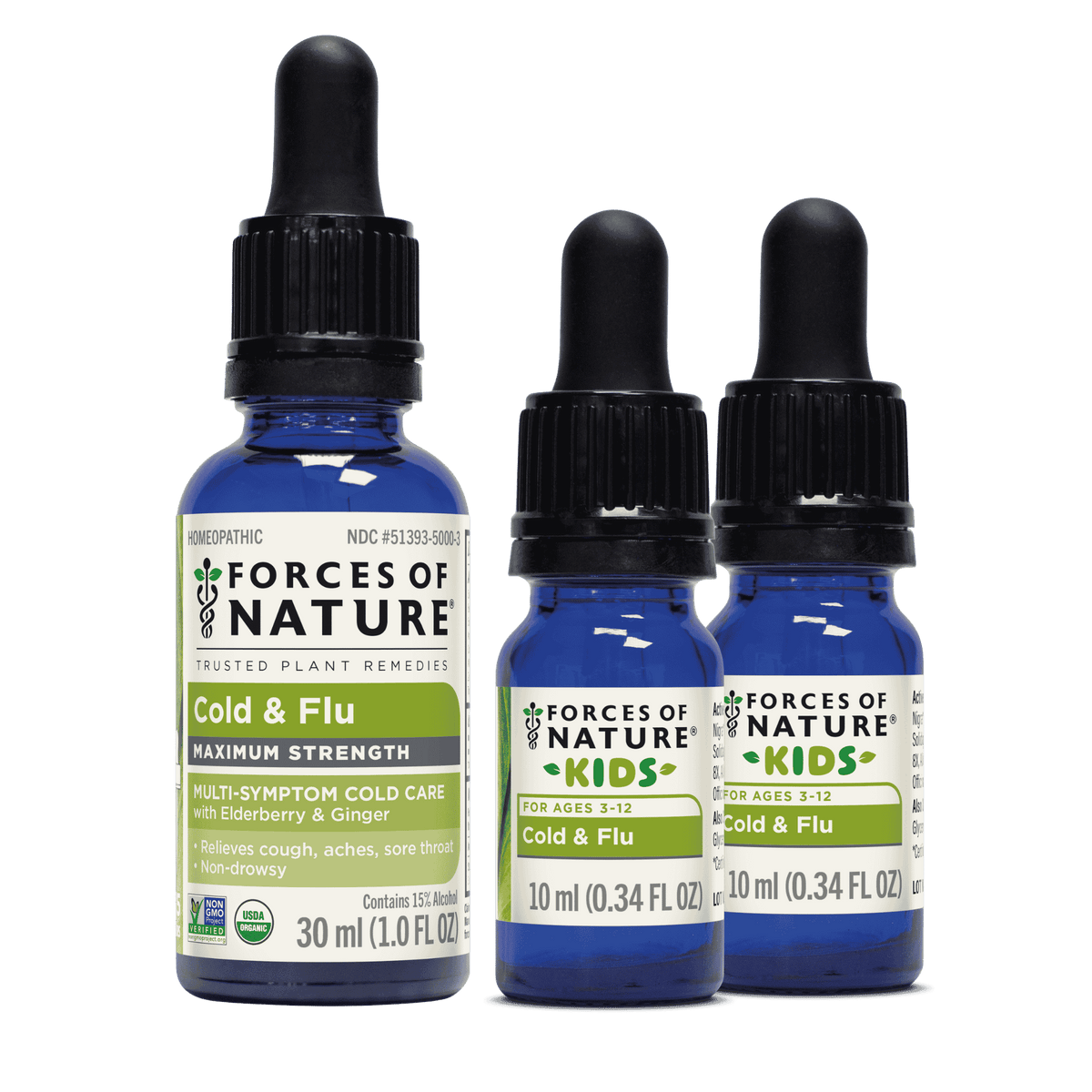 Front view of Cold and Flu Maximum Strength drops with two smaller blue-labeled bottles on a white background
