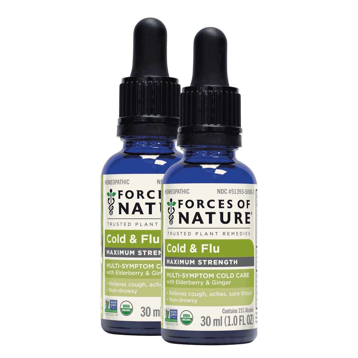 Front view of two Cold and Flu Maximum Strength 30 ml dropper bottles