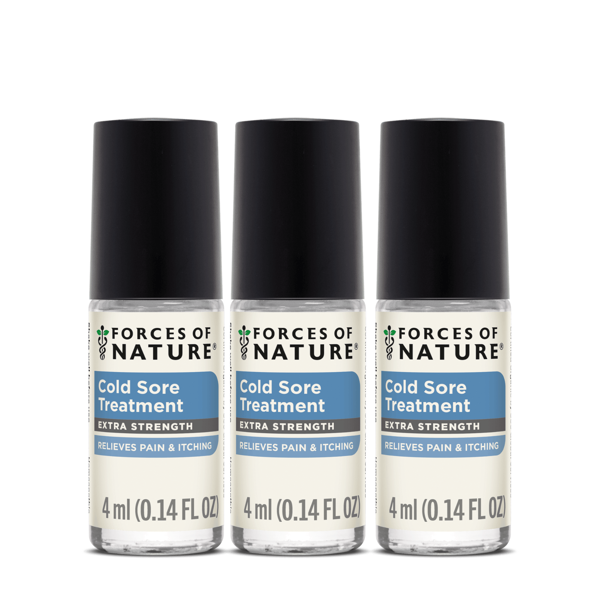 Front view of three Cold Sore Treatment Extra Strength 4 ml rollerball bottles showcasing labels and black caps on white background