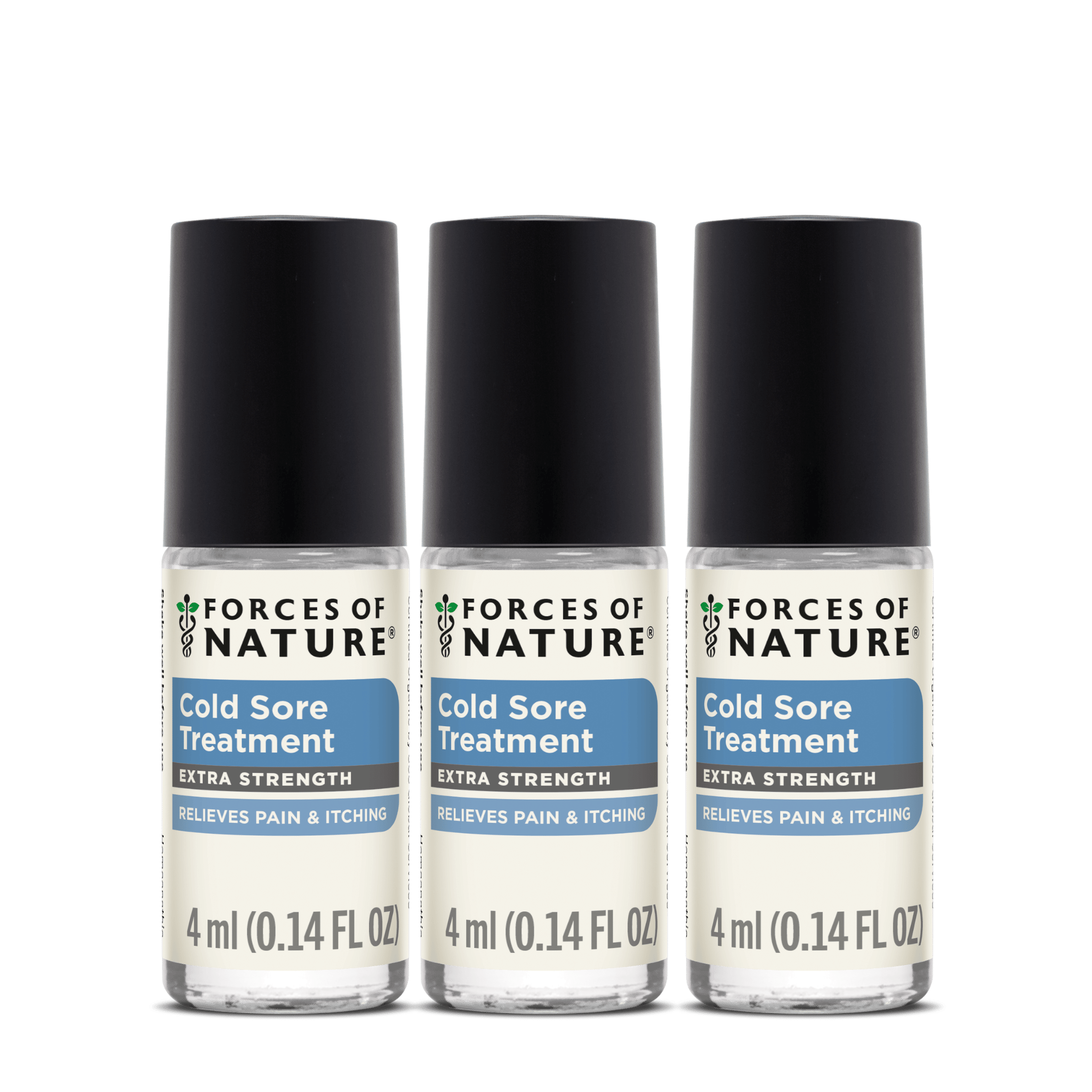 Front view of three Cold Sore Treatment Extra Strength 4 ml rollerball bottles showcasing labels and black caps on white background