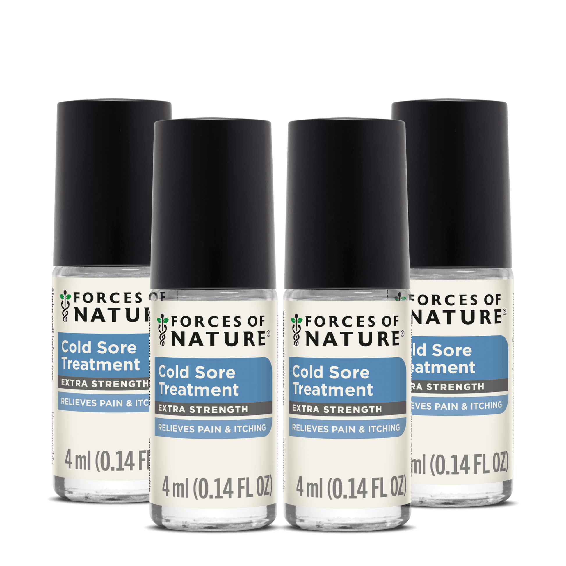Front view of four 4 ml Forces of Nature Cold Sore Treatment Extra Strength roller bottles showcasing labels that read Relieves Pain and Itching with black caps on white background