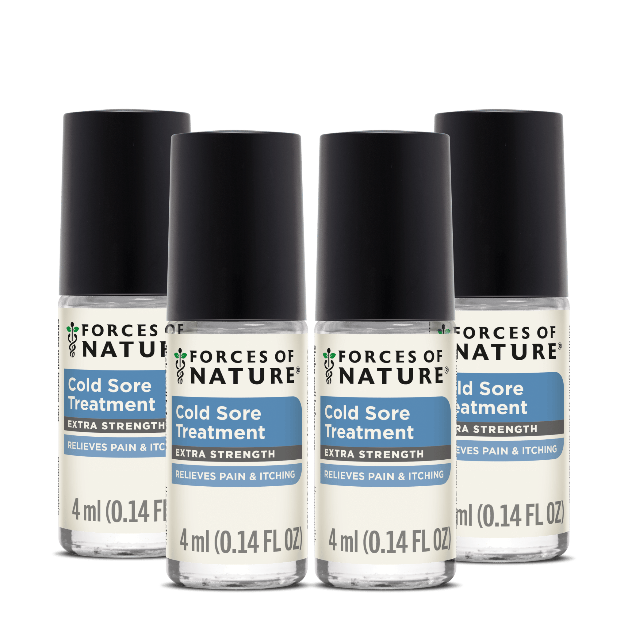 Front view of four 4 ml Forces of Nature Cold Sore Treatment Extra Strength roller bottles showcasing labels that read Relieves Pain and Itching with black caps on white background