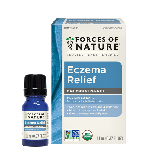 Front view of Eczema Relief 11 ml bottle and box showcasing maximum-strength eczema care on blue packaging
