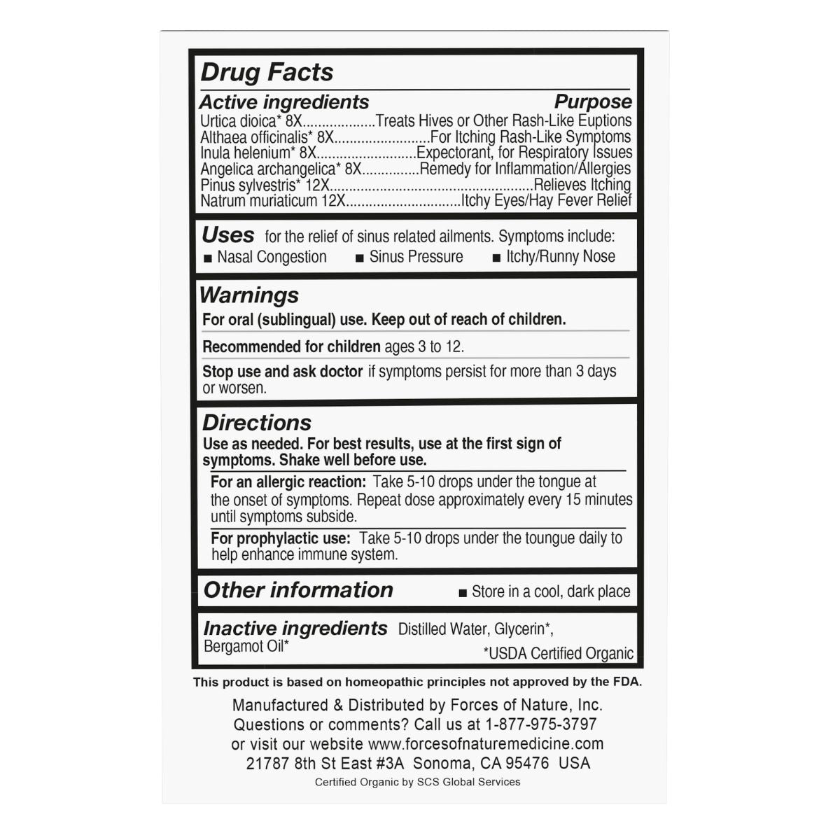 orces of Nature Allergy for Kids drug facts label.