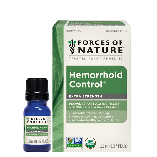 Front view of Hemorrhoid Control Extra Strength 11ml bottle and box showcasing Witch Hazel and Horse Chestnut formula