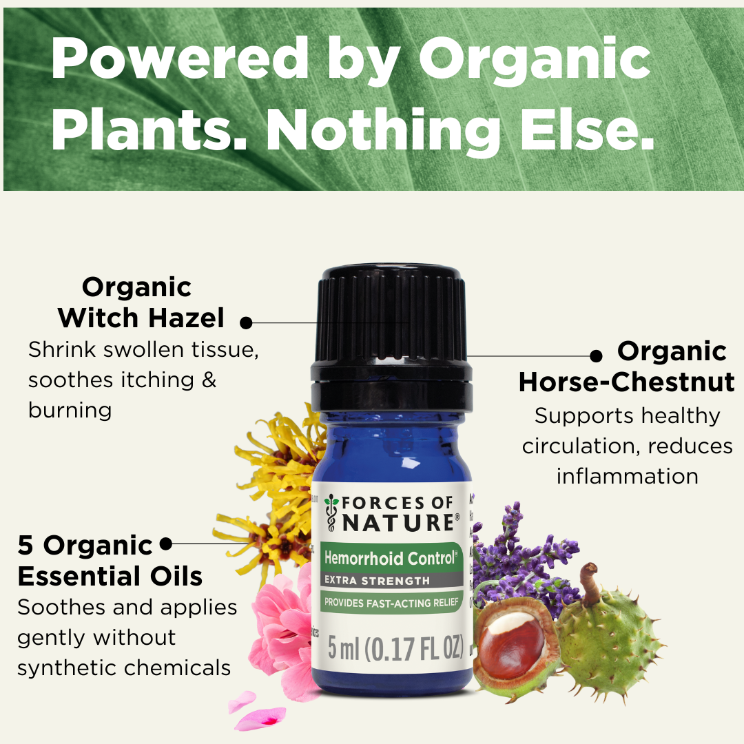 Bottle of Forces of Nature essential oil with organic plants and text about benefits.