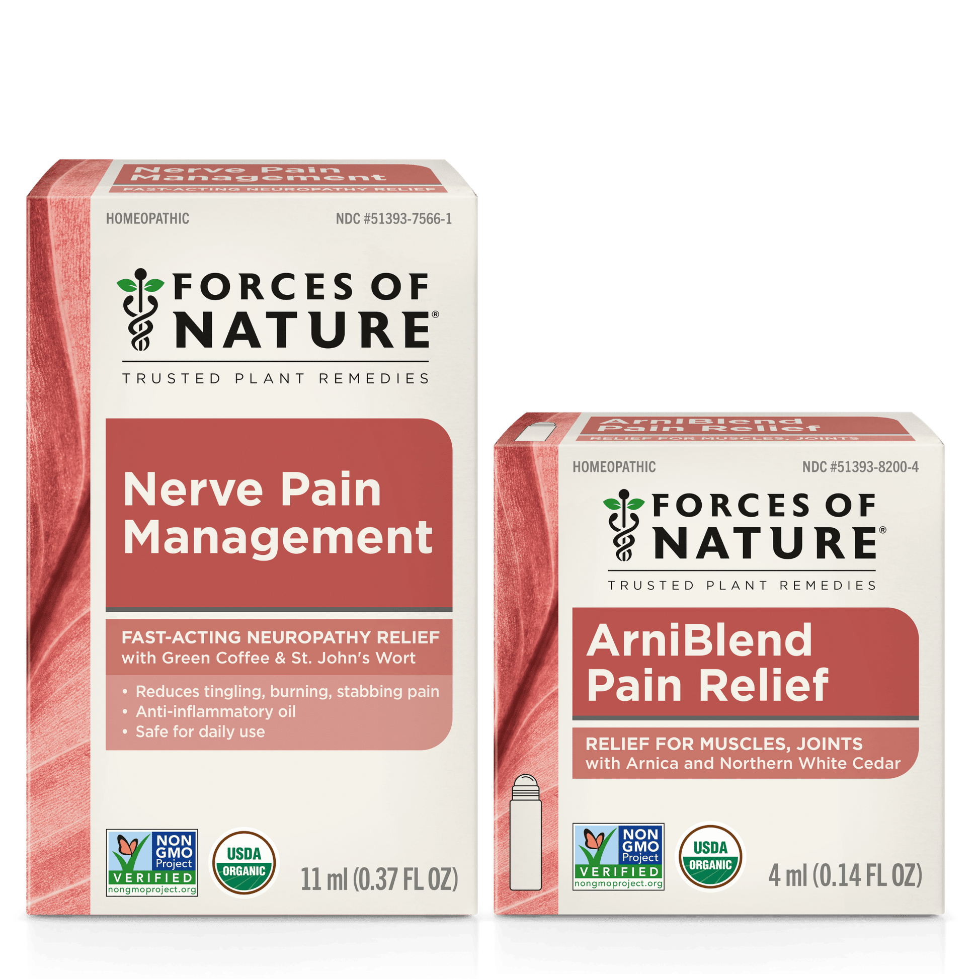 Front view of Nerve Pain Management 11 ml box with ArniBlend 4 ml box showing ‘Nerve Pain Management’ headline and ‘Fast-Acting Neuropathy Relief’ claim