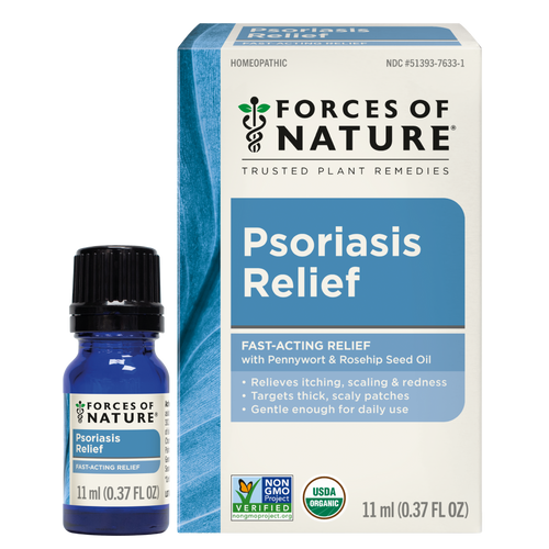 Front view of Psoriasis Relief showcasing an 11 ml bottle and matching blue product box on a white background