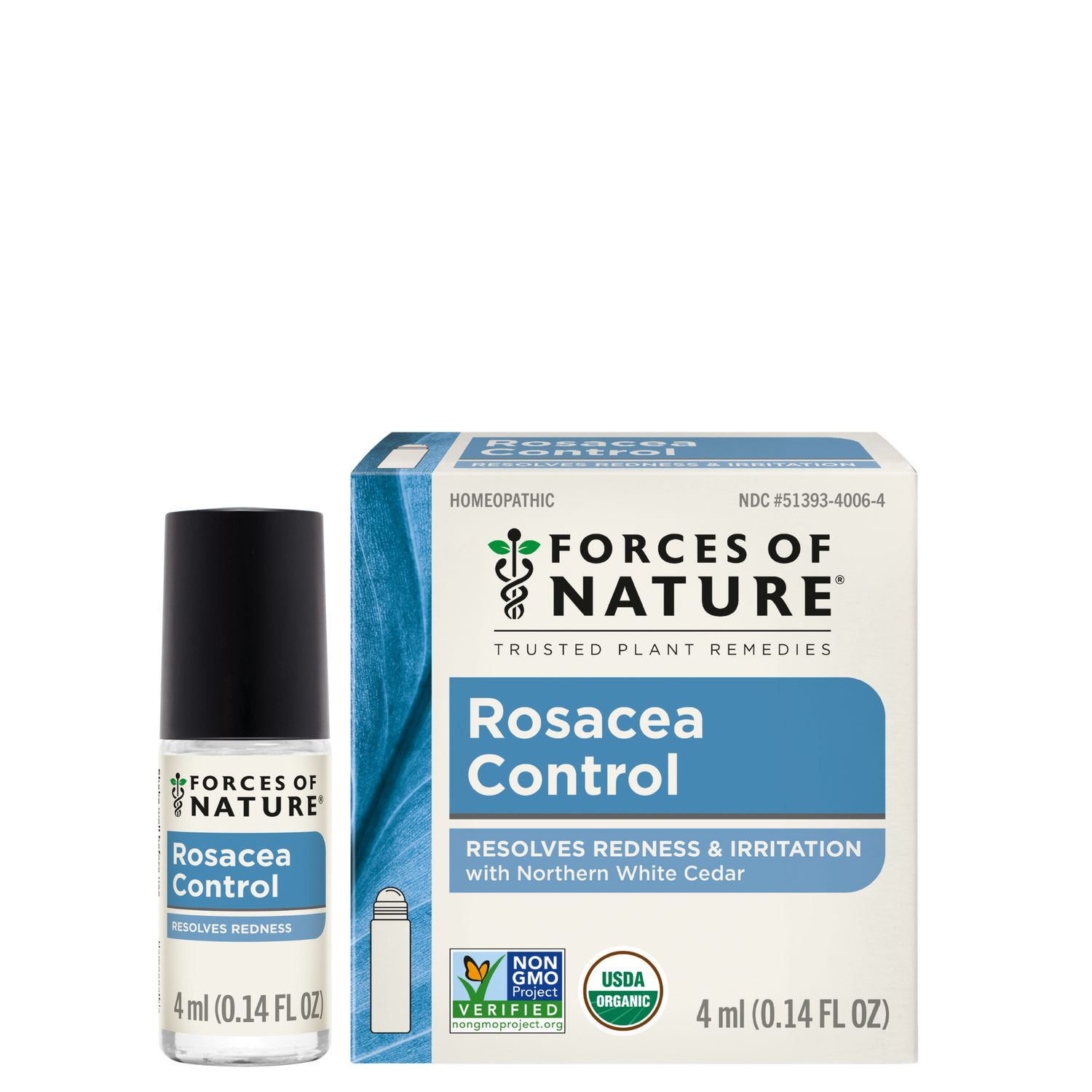 Front of Rosacea Control roll-on bottle and box showing label Resolves redness and irritation on white background