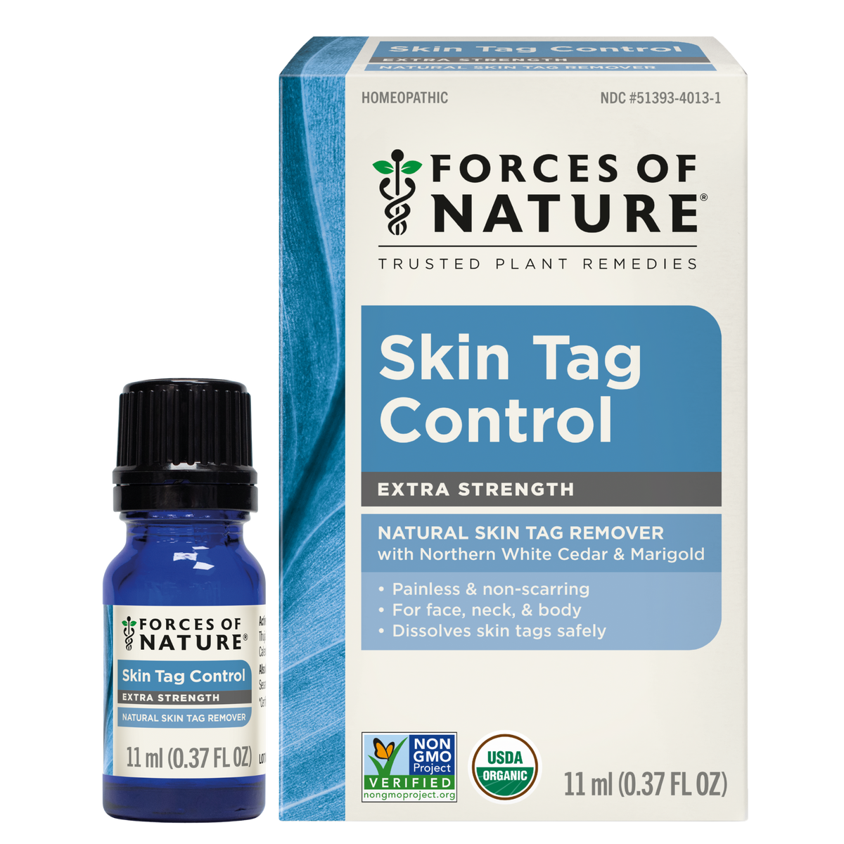 Front view of Skin Tag Control Extra Strength 11ml bottle and box showcasing Northern White Cedar and Marigold formula