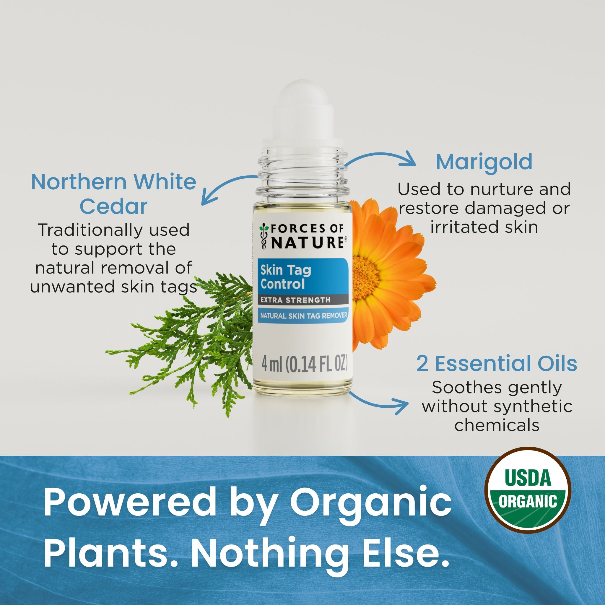 Skin Tag Control ingredients shown included Northern White Cedar, Marigold, and 2 essential oils