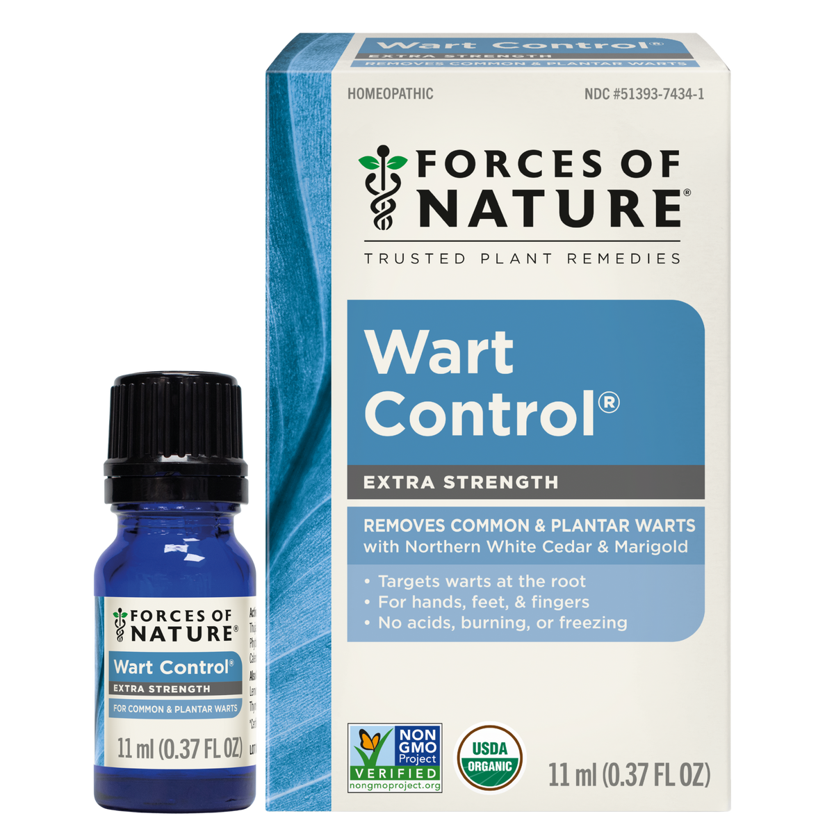 Front view of Wart Control Extra Strength showcasing its 11 ml bottle and box with blue-and-white packaging on a white background