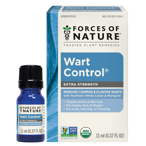 Front view of Wart Control Extra Strength showcasing its 11 ml bottle and box with blue-and-white packaging on a white background