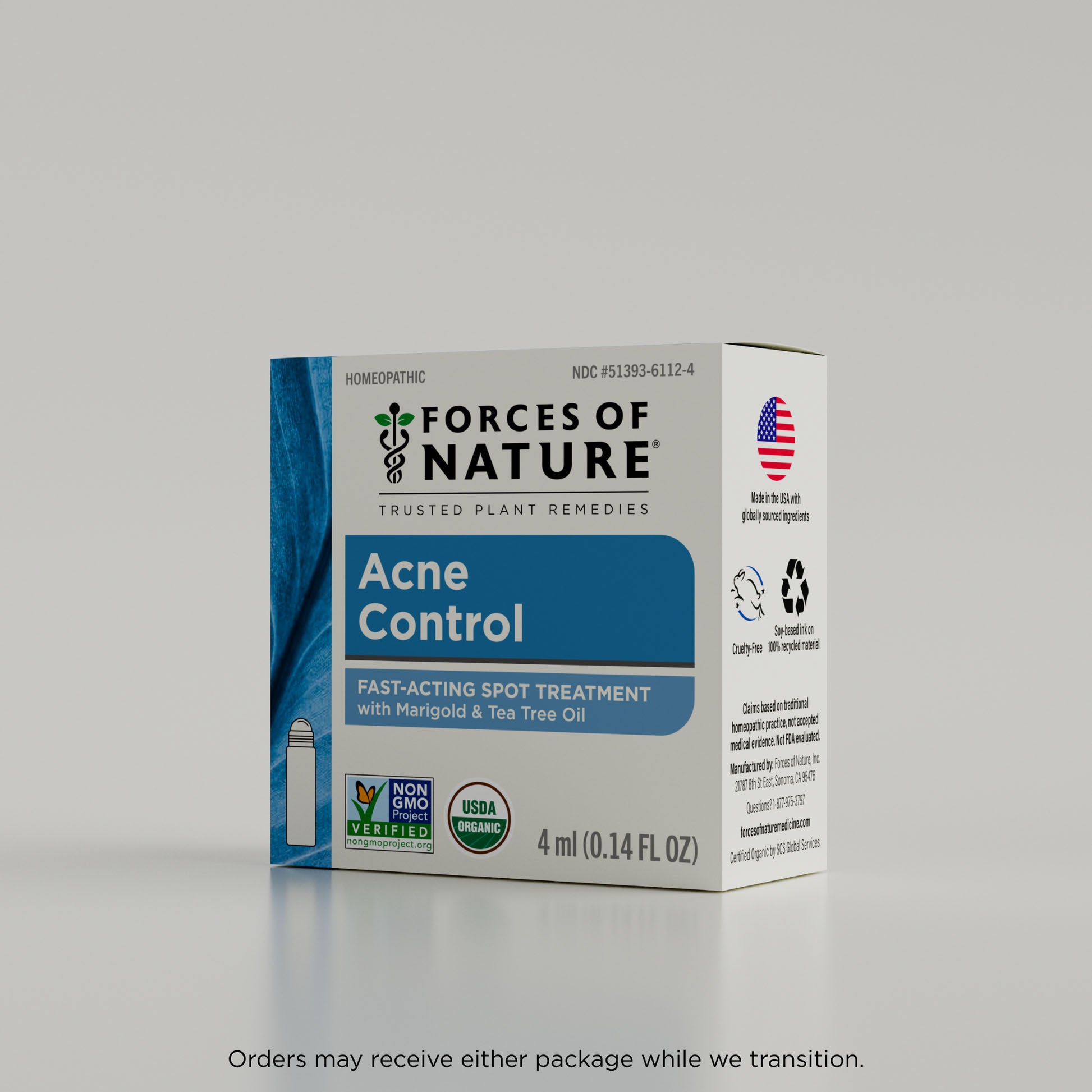 Box of Forces of Nature Acne Control treatment on a gray background