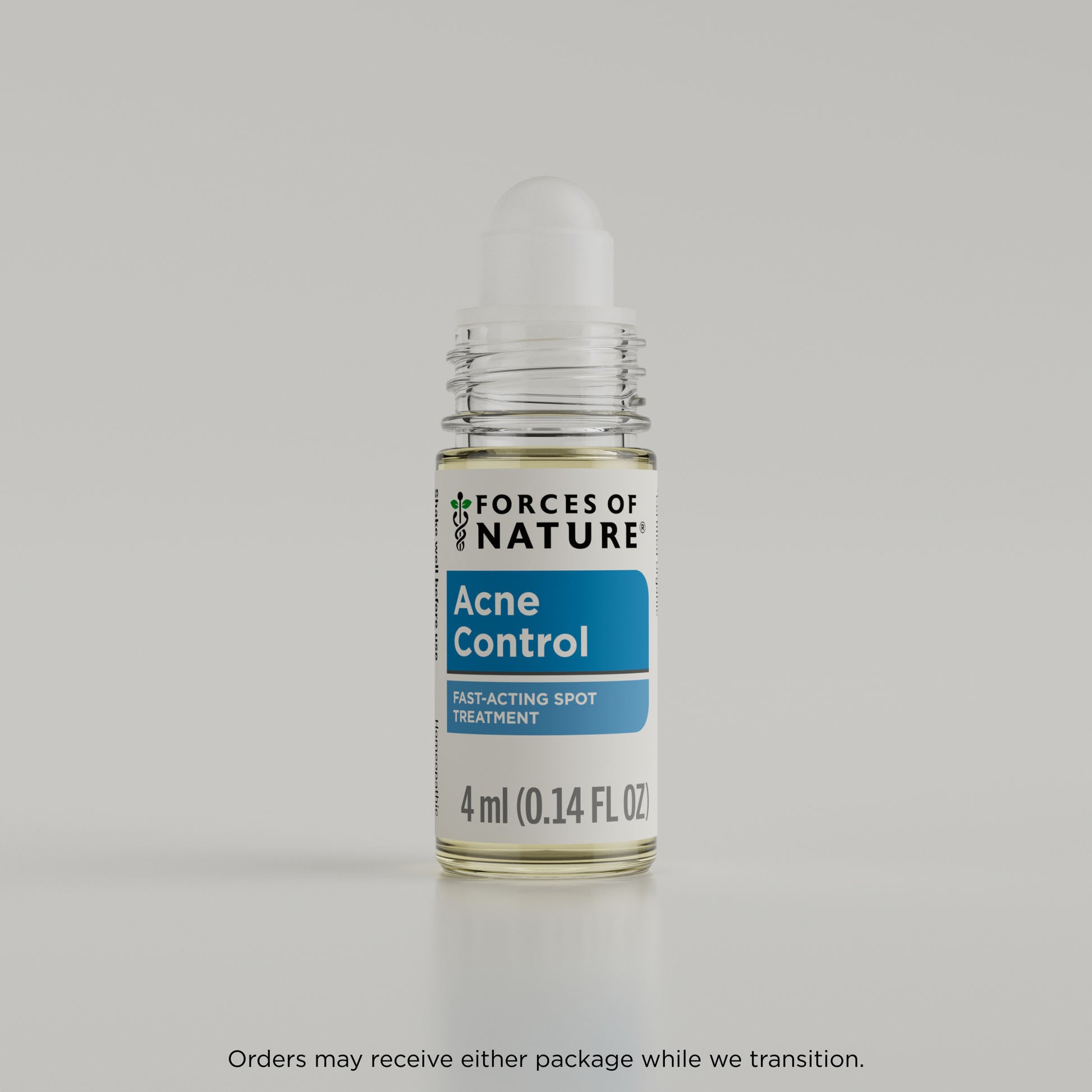 Bottle of Forces of Nature Acne Control treatment on a gray background