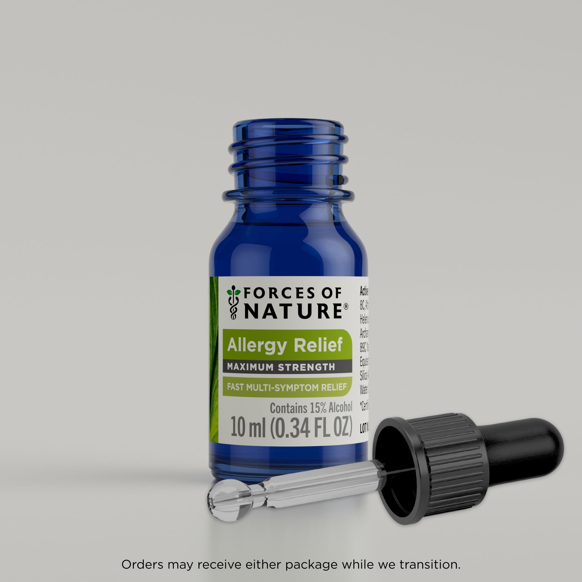 Bottle of Forces of Nature Allergy Relief with dropper on a gray background