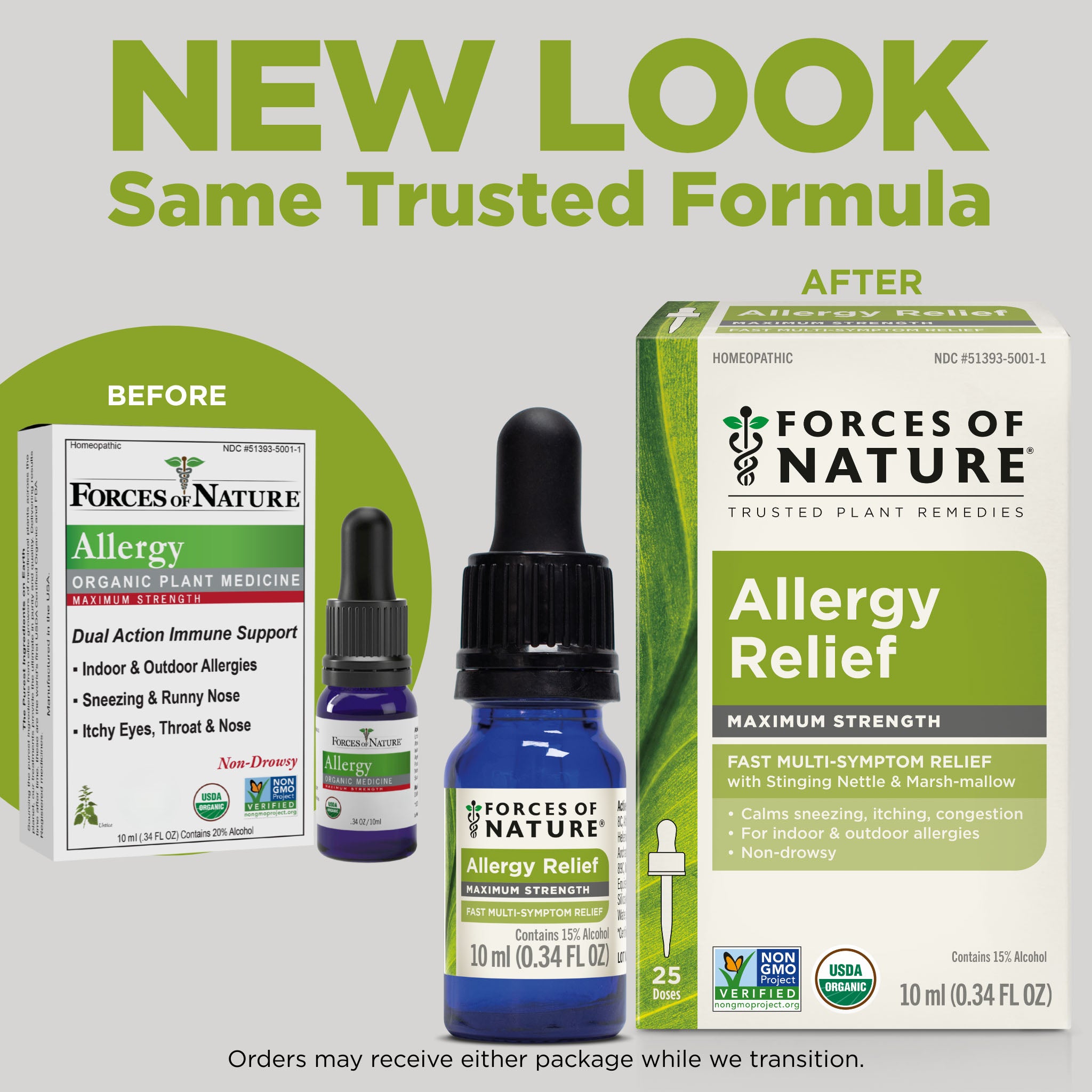 Before and after comparison of Forces of Nature allergy relief products with text 'New Look, Same Trusted Formula'.