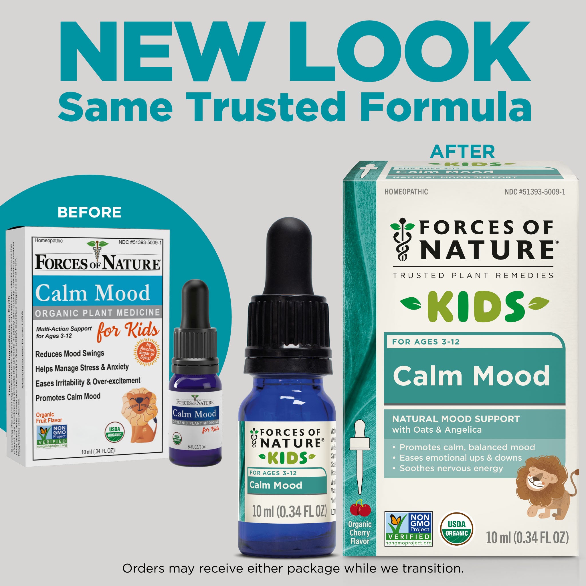 Before and after comparison of Forces of Nature Kids Calm Mood product packaging.