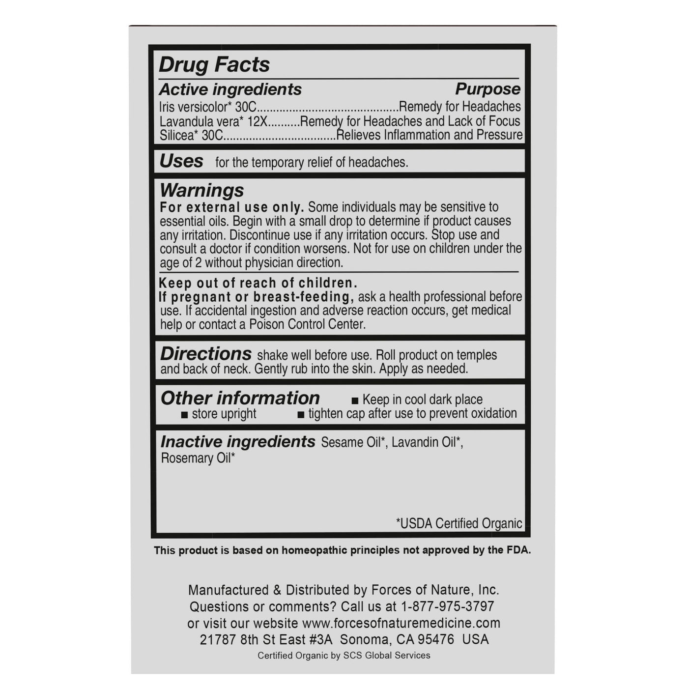 Natural Headache Relief Drug Facts 4ml