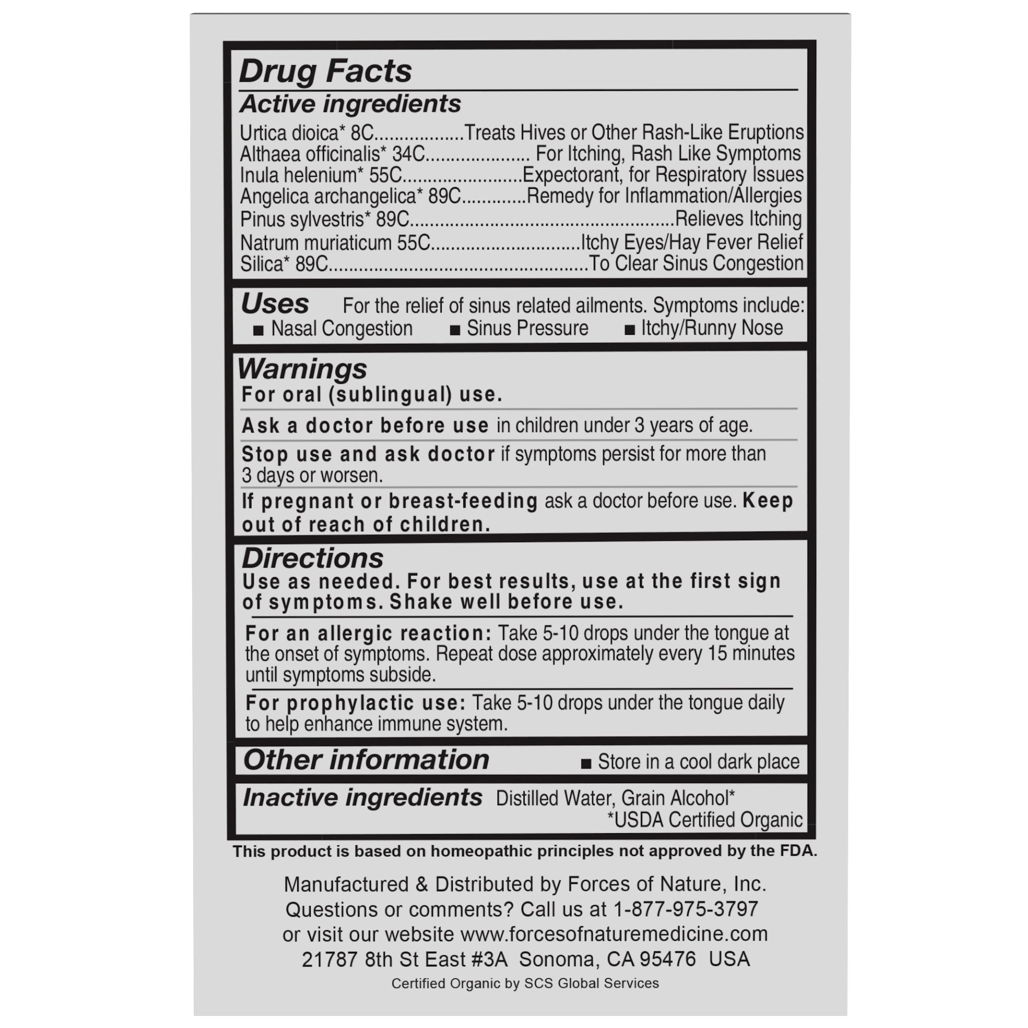 Forces of Nature Maximum Strength Allergy Relief 10ml Drug Facts label.